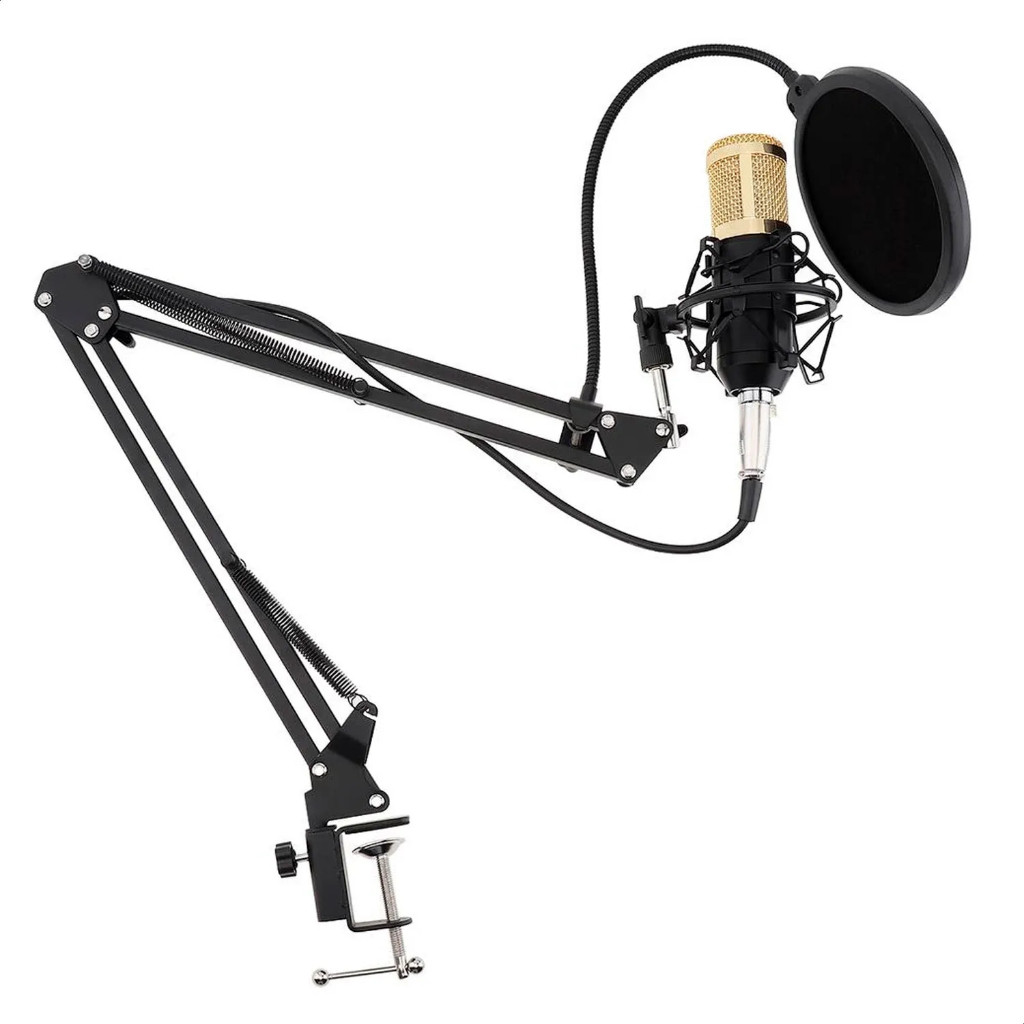 Microfone Condensador Profissional Kit Completo Braço Articulado Pop Filter Estúdio Podcast Metal