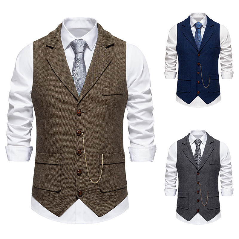 Masculino Retro Lapela Corrente Colete Moda Espinha De Peixe Grosso Tweed Bolsos Terno Britânico Casual Vintage Cavalhei