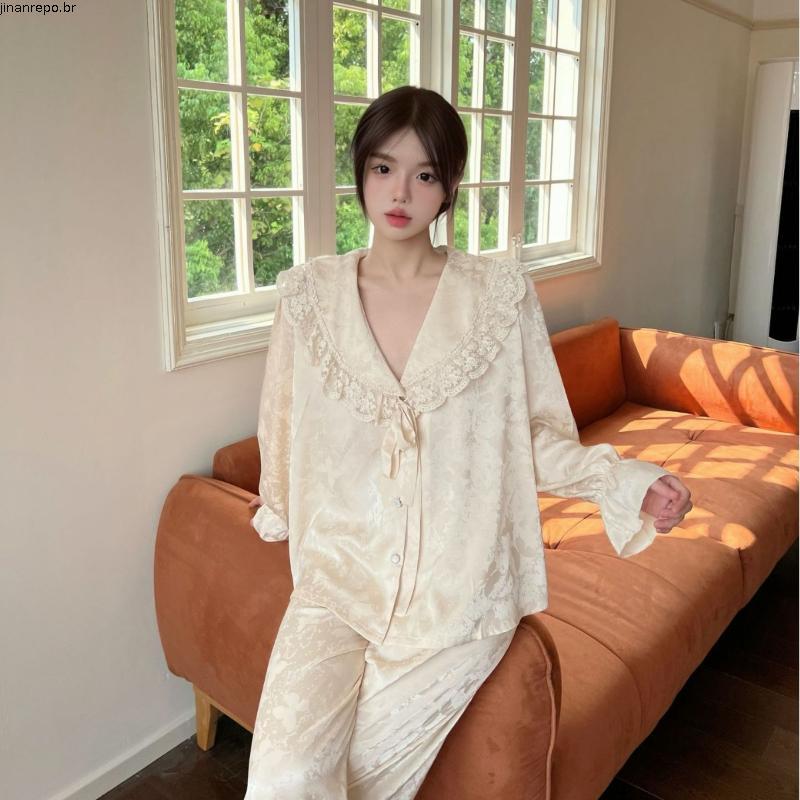 Pijamas de Seda Gelo Fino Estilo Chinês Jacquard Borboleta Pijamas Feminino Verão Primavera Outono Moda Exterior Wearabl - Miniatura 2