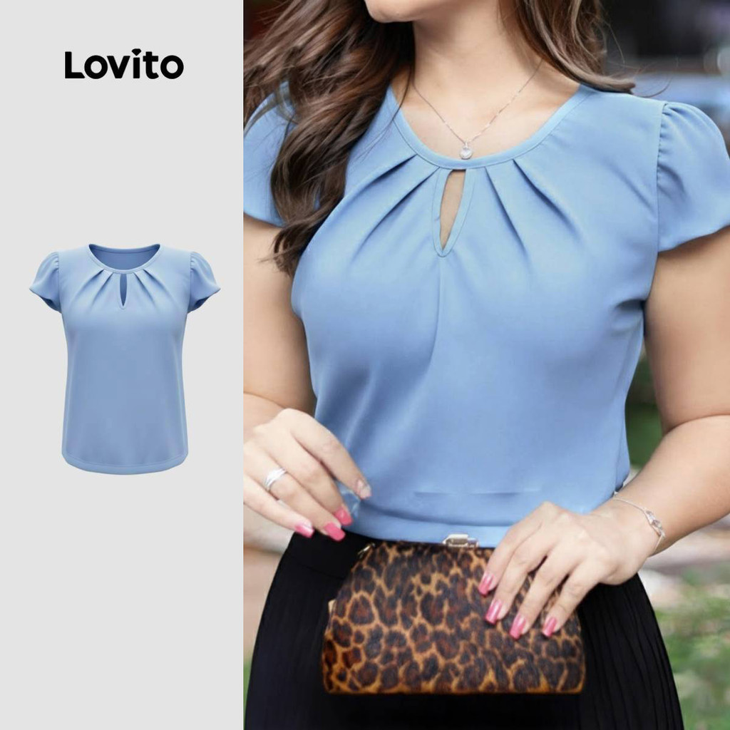 Lovito Blusa Casual Plissada com Recorte Primavera/verão Blusa Azul para mulheres L177ED150 em Oferta na Shopee