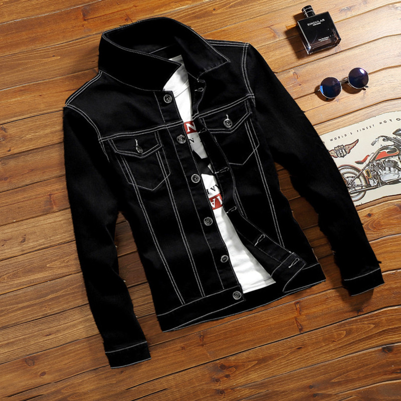 Jaqueta jeans masculina de cor sólida, jaqueta preta da moda, primavera outono, Slim fit, versão coreana, Casual, estuda