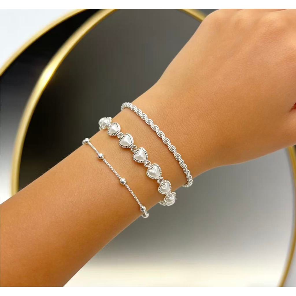 Kit 3 Pulseiras Prata 925 Banhado Coração + Cordão Baiano + Pérolas Delicadas