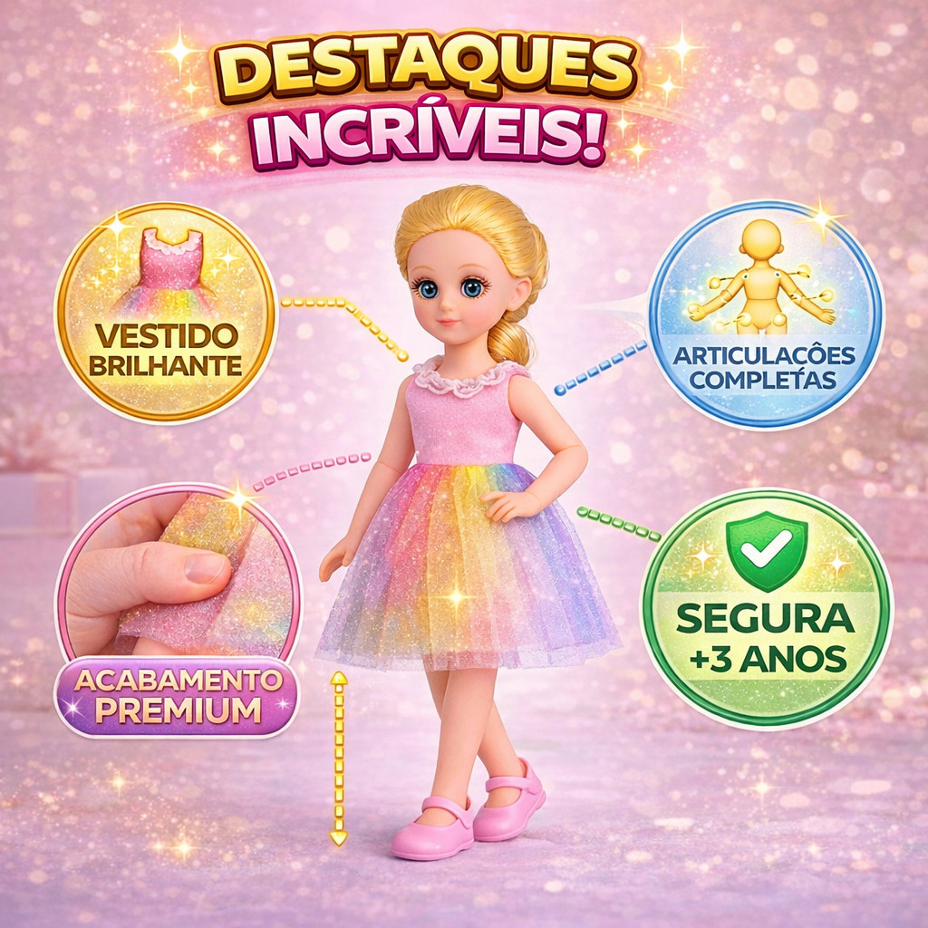 Boneca Menina Articulada Fashion Com Roupa Cintilante Linda Bell Kim Brinquedo Infantil