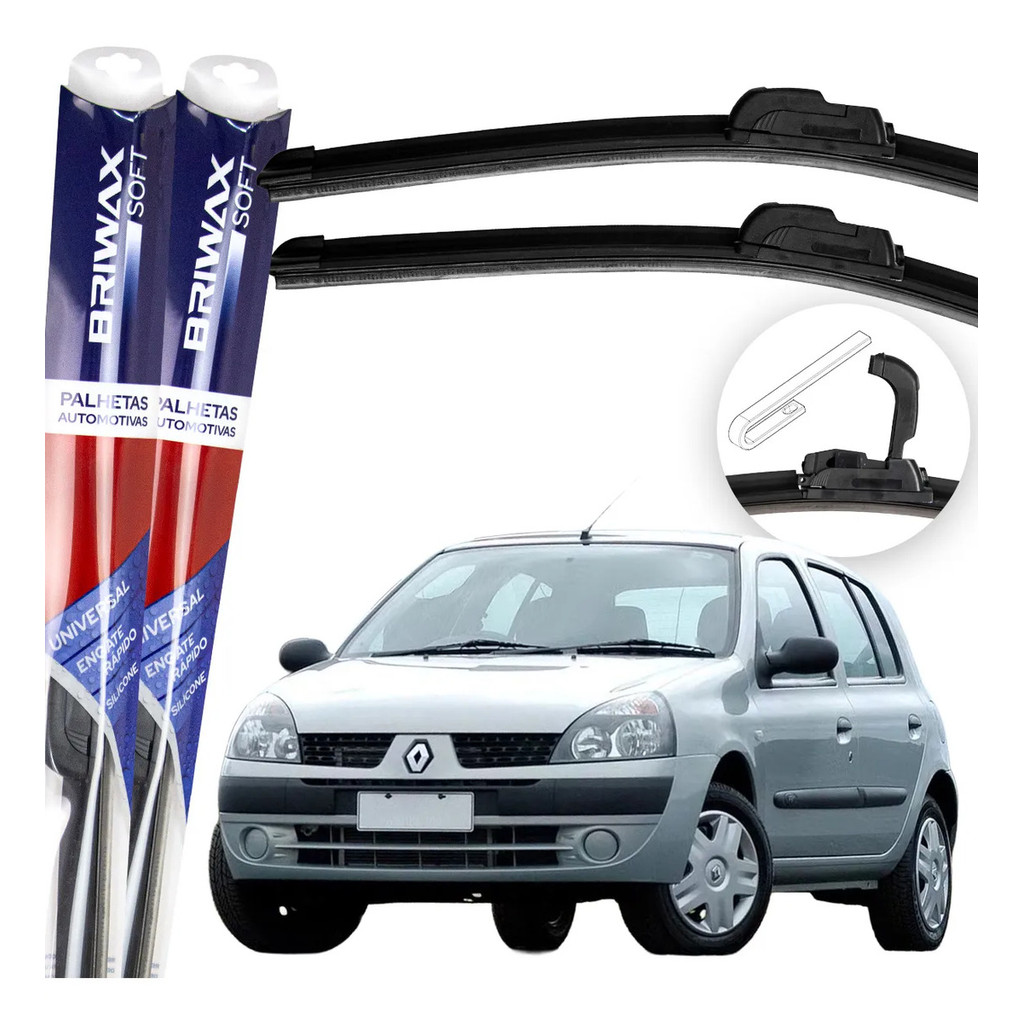 Jogo Palhetas Limpador de Parabrisa Silicone Chuva Gancho Universal Renault Clio 2000 Até 2017