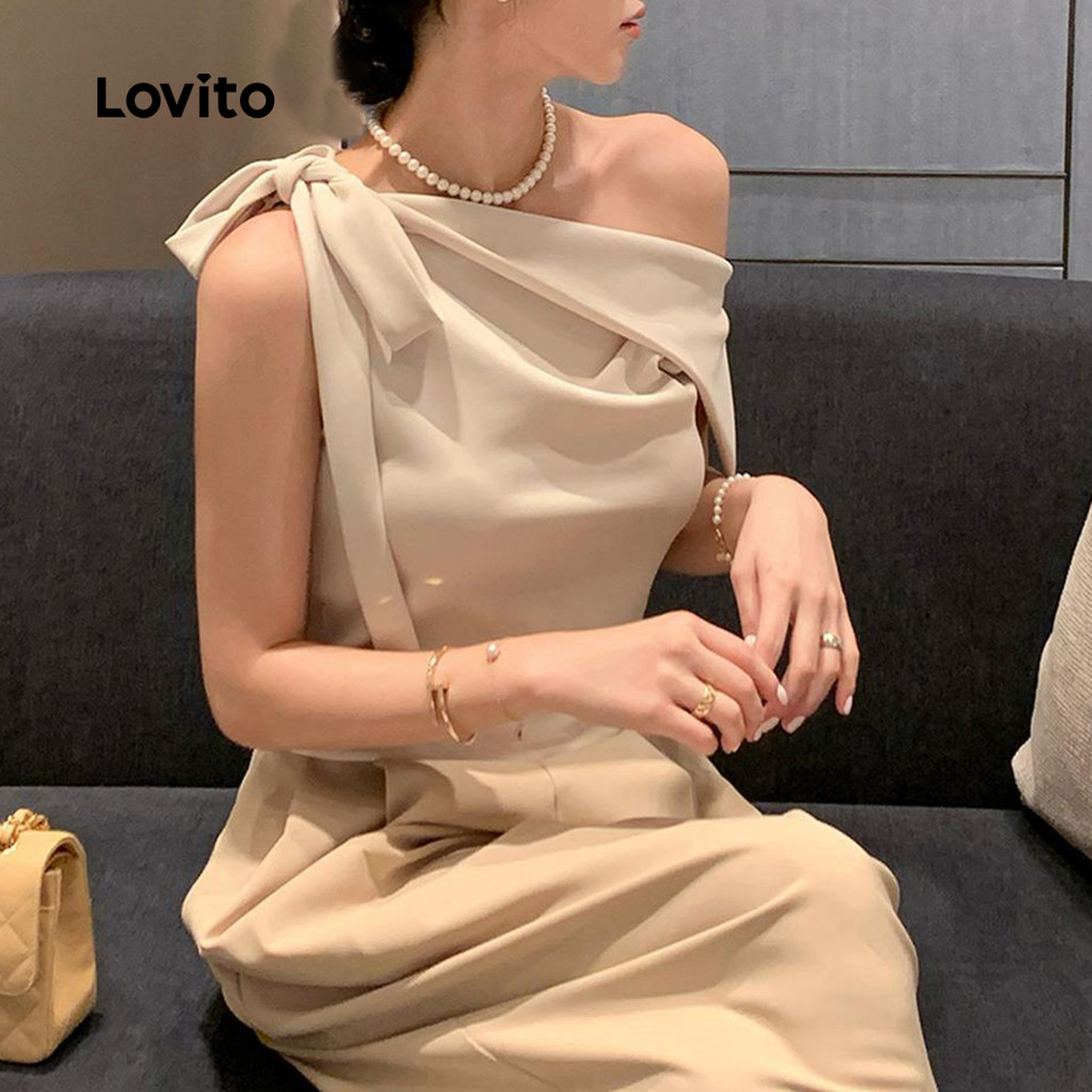 Lovito Casual Regata Lisa Ombro Frio Regata Assimétrica Para Mulheres LNM64131