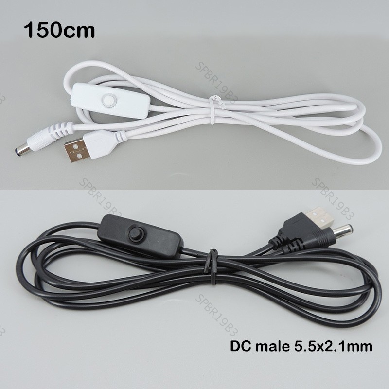 150cm 5V USB Macho Para DC Alimentação Branco Preto Fonte 5.5x2.1mm Cabo Liga/Desliga 501 Botão Interruptor Fio De Exten