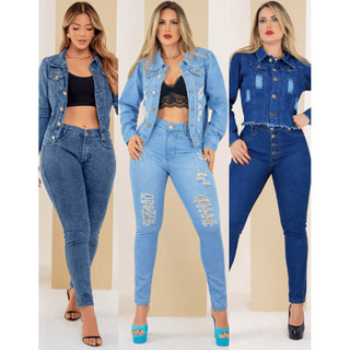 Conjunto Jeans Feminina Jaqueta Calças Premium Lycra Roupas Femininas Coloridas Novo Cintura Alta