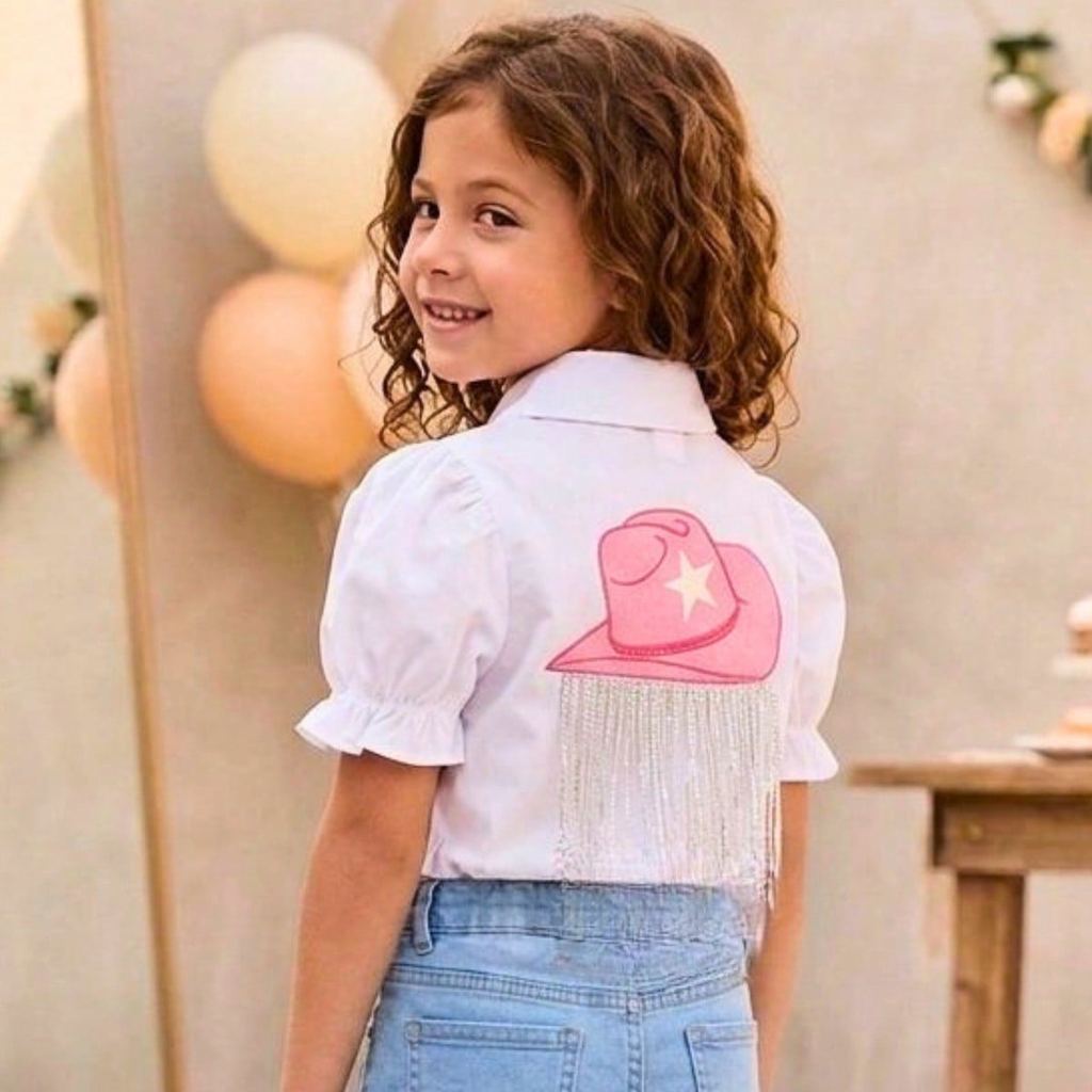 CAMISA INFANTIL FEMININO MENINAS MANGAS BUFANTES FESTA MODA BOIADEIRA CHAPEU