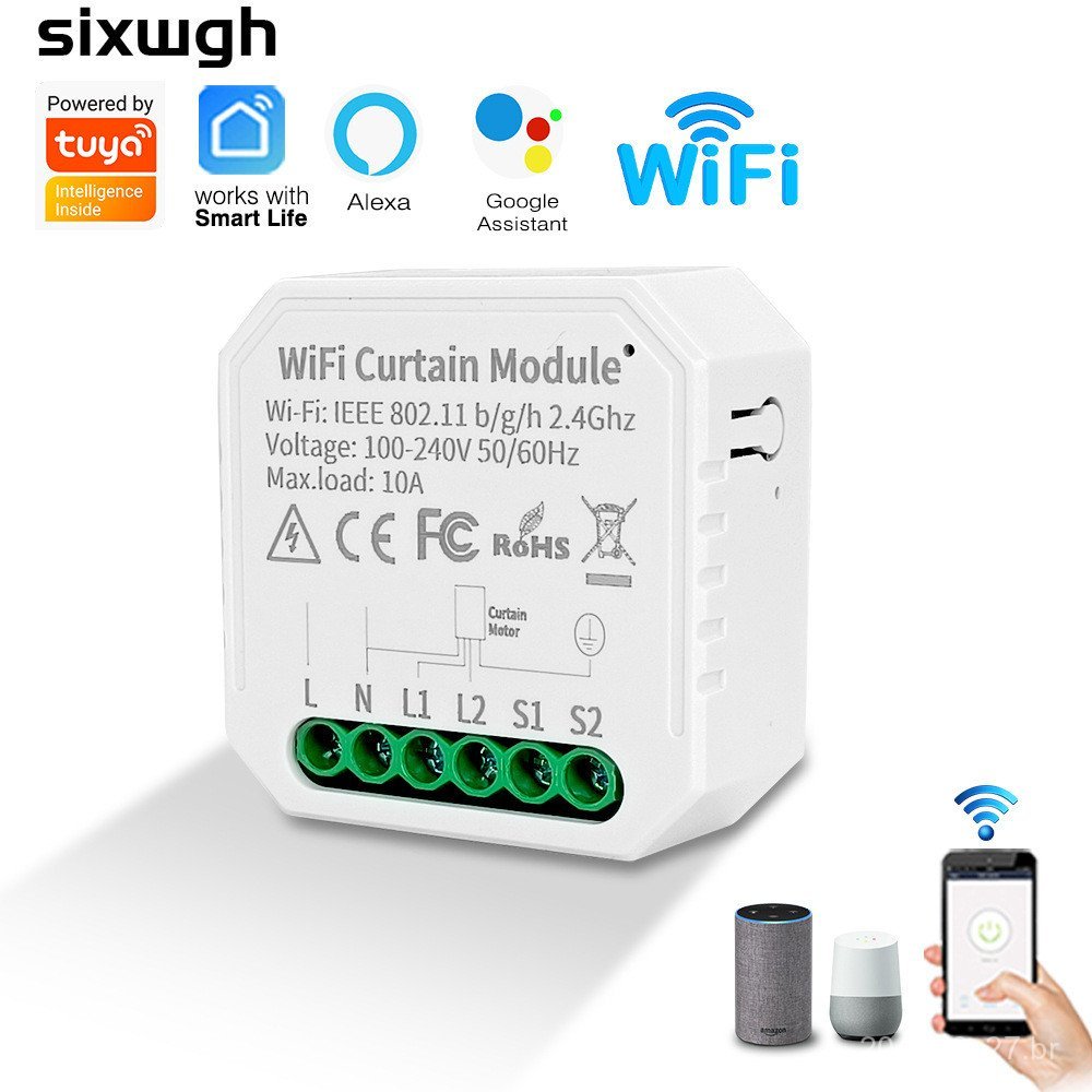 Controlador de Cortinas Inteligente Tuya WiFi, Controlador de Canal Duplo, Retrofit Mini para Cortinas com Controle Remo