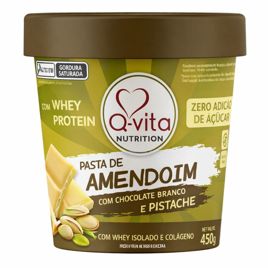 Pasta de Amendoim Chocolate Branco Pistache Zero Açucar Gluten 450g Whey Isolado e Colágeno - Q-vita