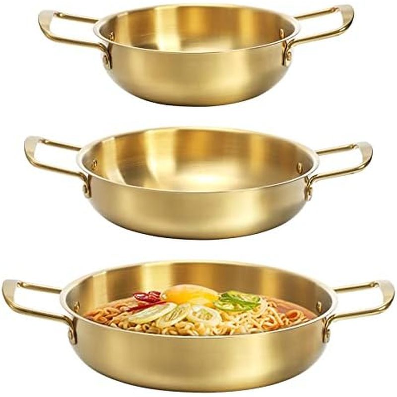 Okllen Conjunto De 3 Panelas De Macarrão Ramen Coreanas Com Alças , Panela Diária De Aço Inoxidável Coreana Dourada Para