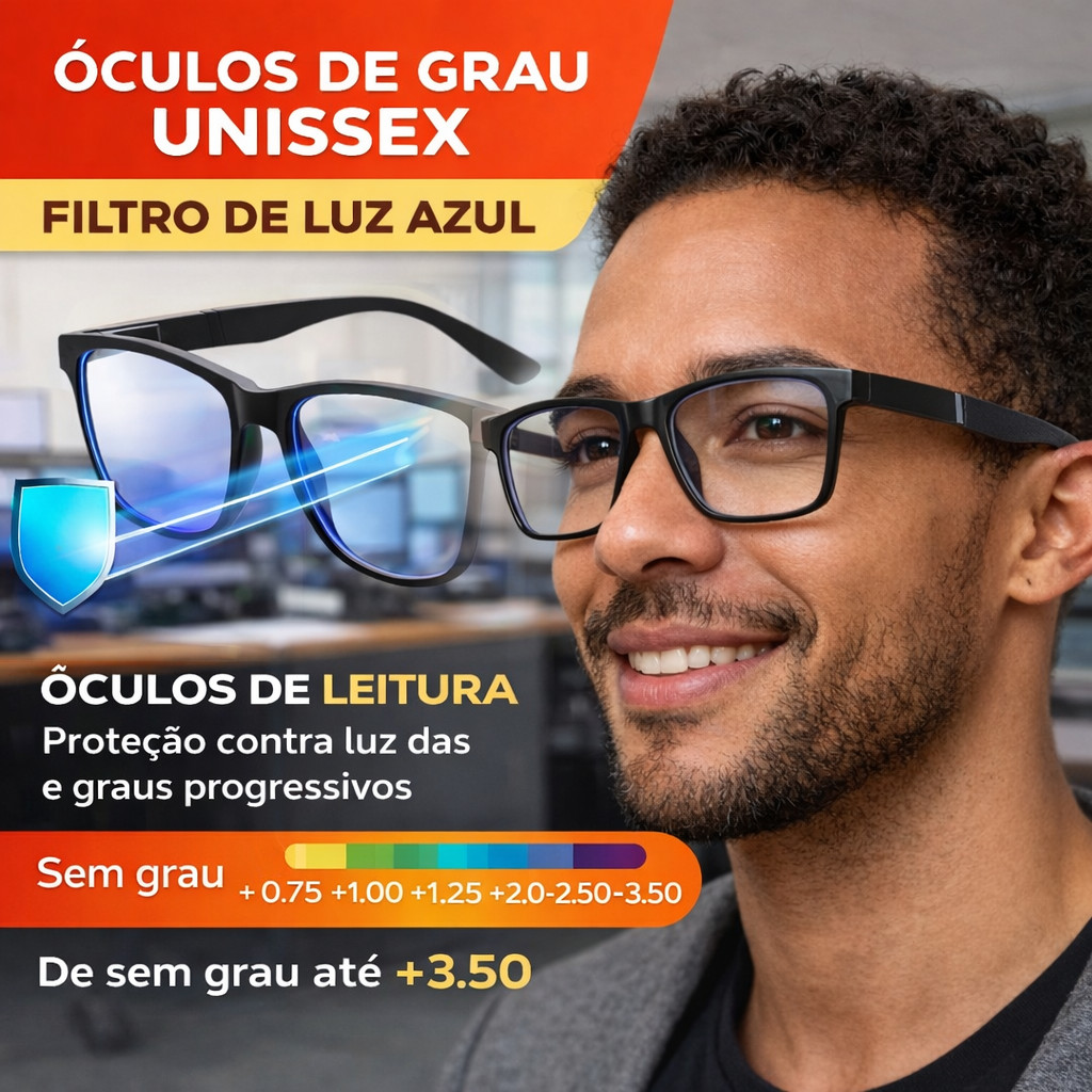 Óculos de Grau com Filtro Luz Azul Unissex Quadrado Preto Proteção para Olhos Armação Confortável