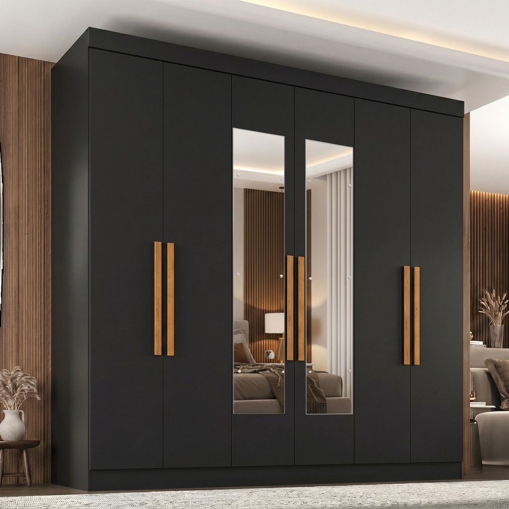 Guarda-Roupa Casal com Espelho 6 Portas 2 Gavetas Paris Preto Preto