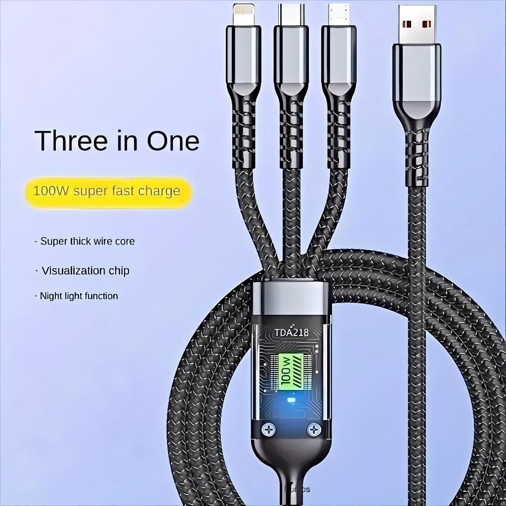 Cabo De Dados 3 Em 1 Nylon 100W Cabo De Carregamento Ultrarrápido Para V8 Micro USB Tipo C 1.2m