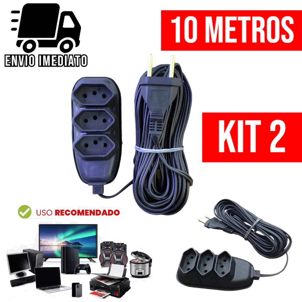 Kit 2 Extensão Elétrica 10 Metros Bivolt com 3 Tomadas 110v 220v Tripolar Alexa Compacta