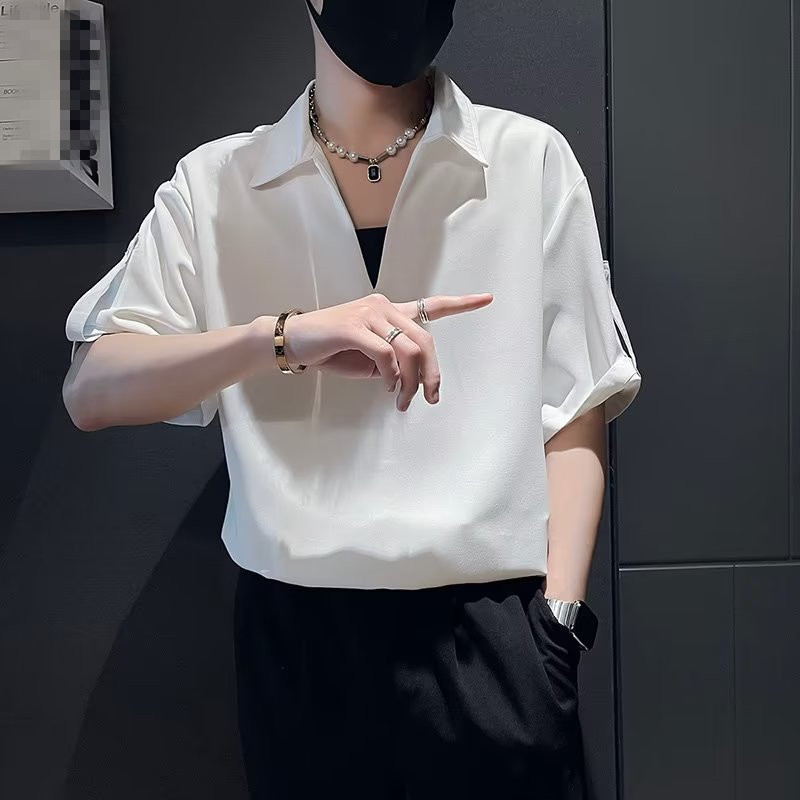 Versão coreana na moda gelo seda topo camisa de manga curta jaqueta masculina ins estilo Hong Kong Hip-Hop verão novo es