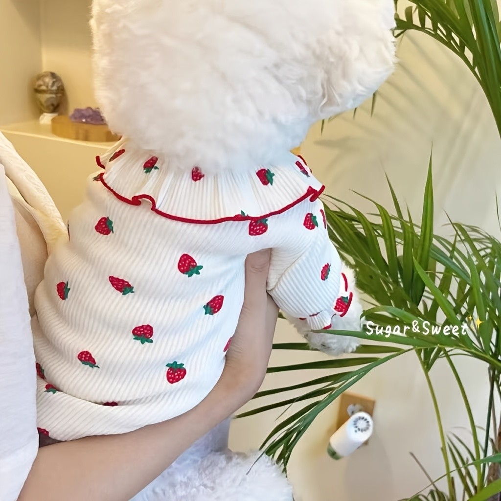 Roupa de Duas Peças para Cães e Gatos com Estampa de Morango, Novo Estilo de Vestuário para Primavera e Outono para Tedd