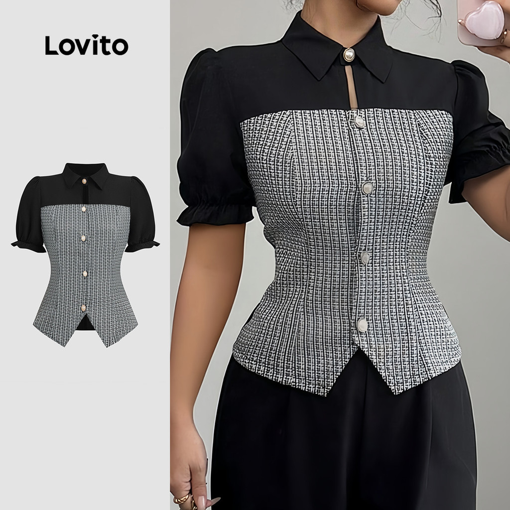 Lovito Blusa Elegante com Botões e Costura em Tecido Preta para Mulheres primavera/verão LBL35206