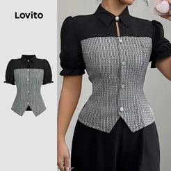 Lovito Blusa Elegante com Botões e Costura em Tecido Preta para Mulheres primavera/verão LBL35206