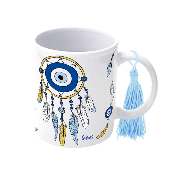 Caneca com Pompom Filtro dos Sonhos Olho Grego 300ml Porcelana Amuleto Proteção