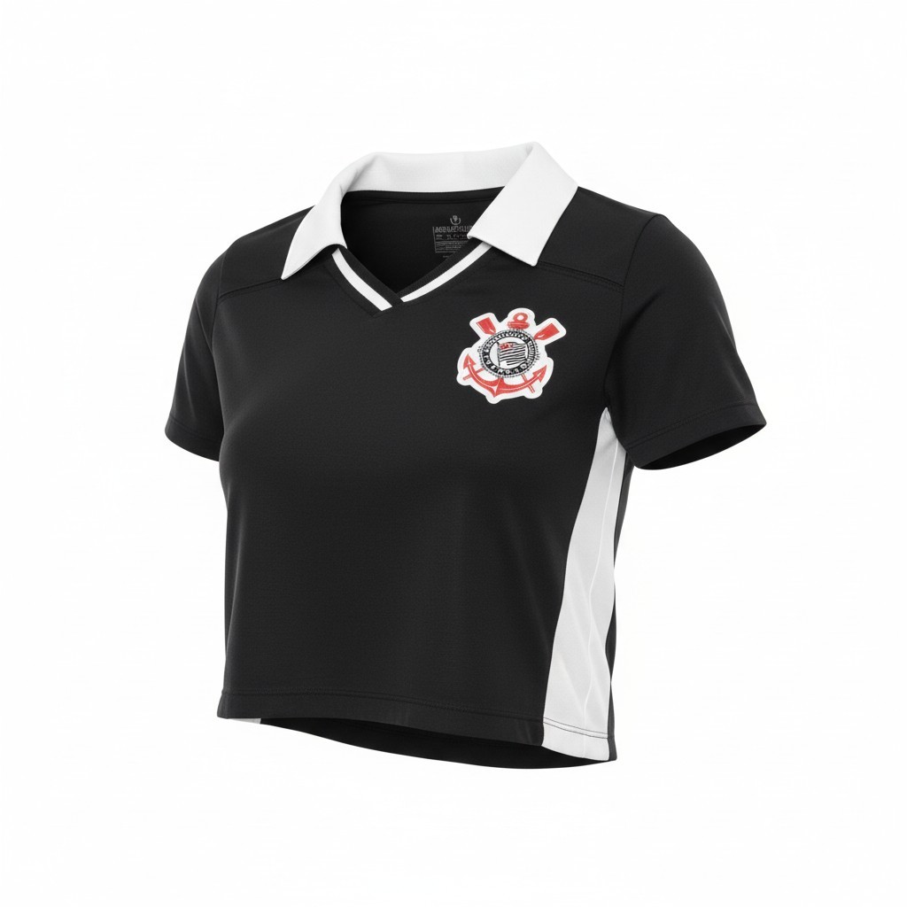 Camiseta Cropped Polo Corinthians Logo Bordado