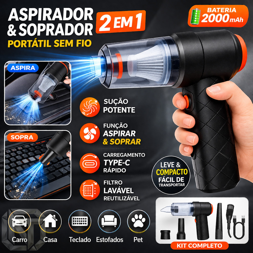 Aspirador Soprador 2 em 1 Sem Fio USB Portátil 2000mAh - Premium para Carro e Casa