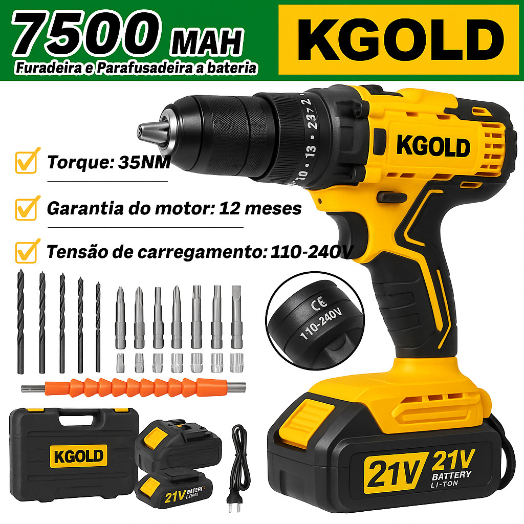 Furadeira Parafusadeira De Impacto Sem Fio KGOLD 21V Profissional, 2 Baterias, LED, Para Metal Madeira Cimento