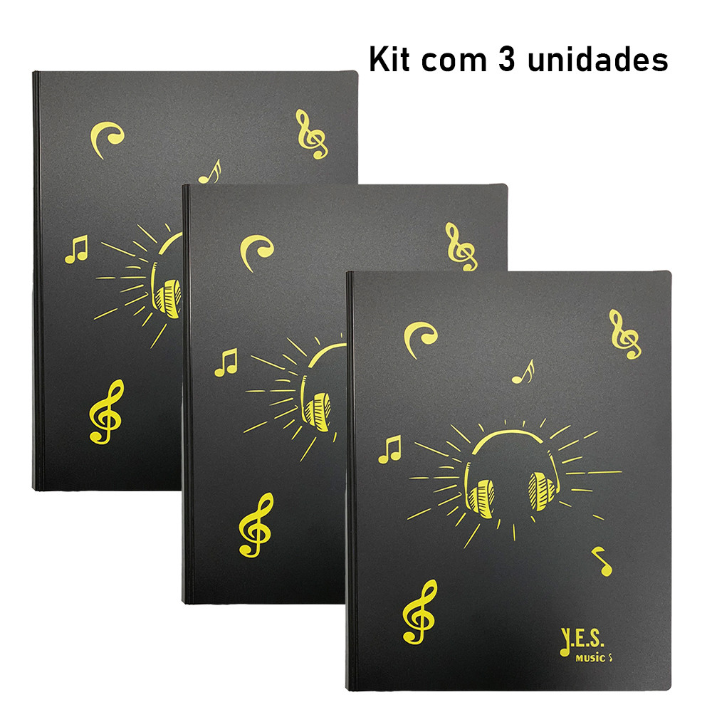 Pasta Catálogo Tamanho A4 c/ estampa de música - 20 sacos plásticos (kit com 3 unidades: AM/AM/AM)