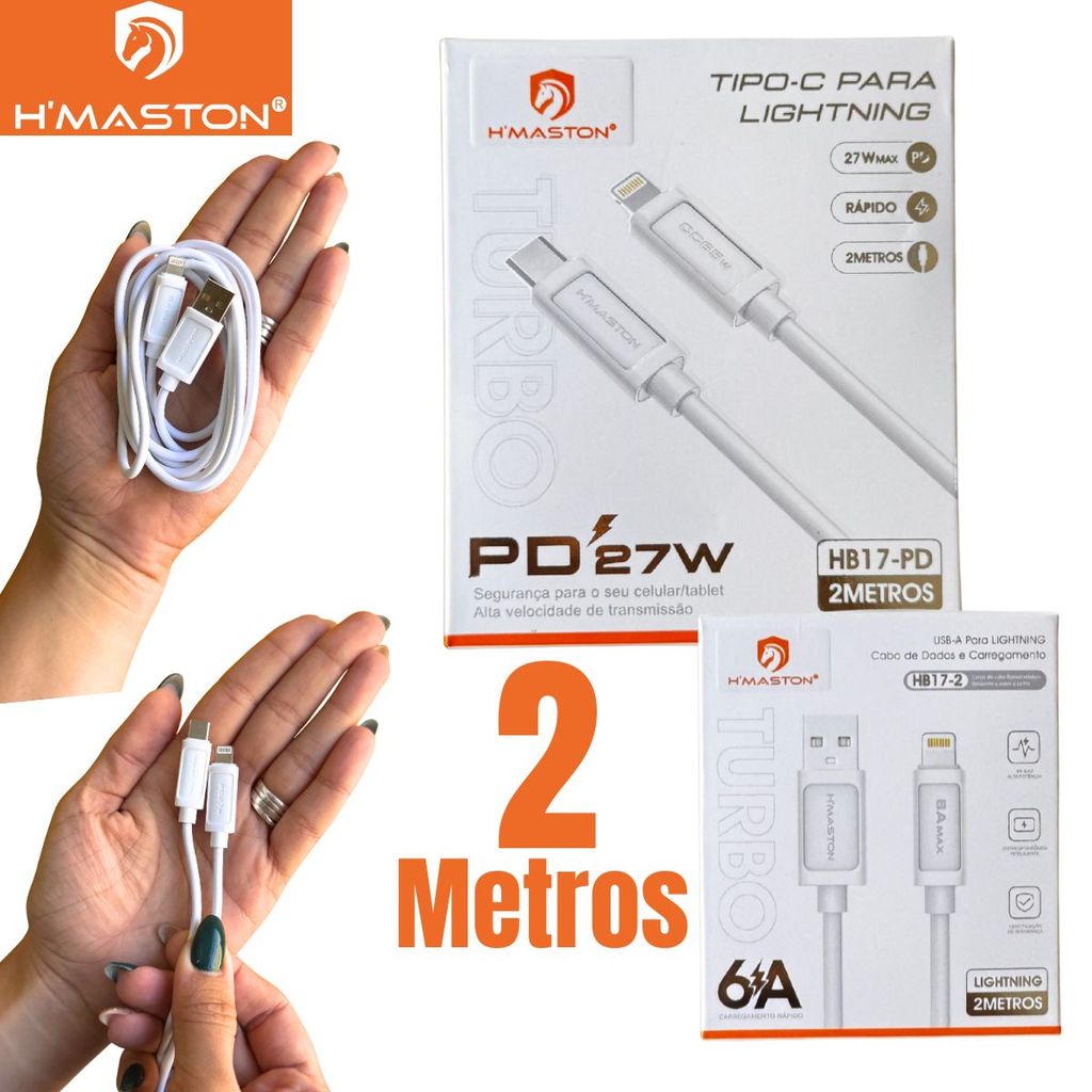 Cabo Iphone Turbo 2M Longo e Resistente 2 Metros Tipo-C para Iphone, USB para Iphone H'Maston