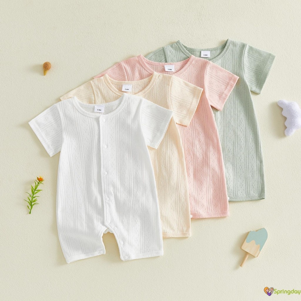 Macacão Infantil De Malha Com Gola Redonda Para Meninas , Verão , Cor Sólida , Manga Curta em Oferta na Shopee