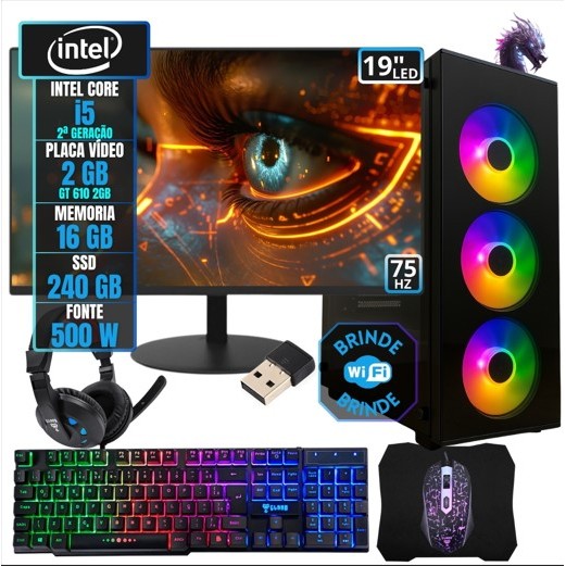 PC Gamer Computador Completo Kit Intel I5 16GB SSD 240GB Placa Vídeo 2GB Monitor 19 Gabinete Pronto