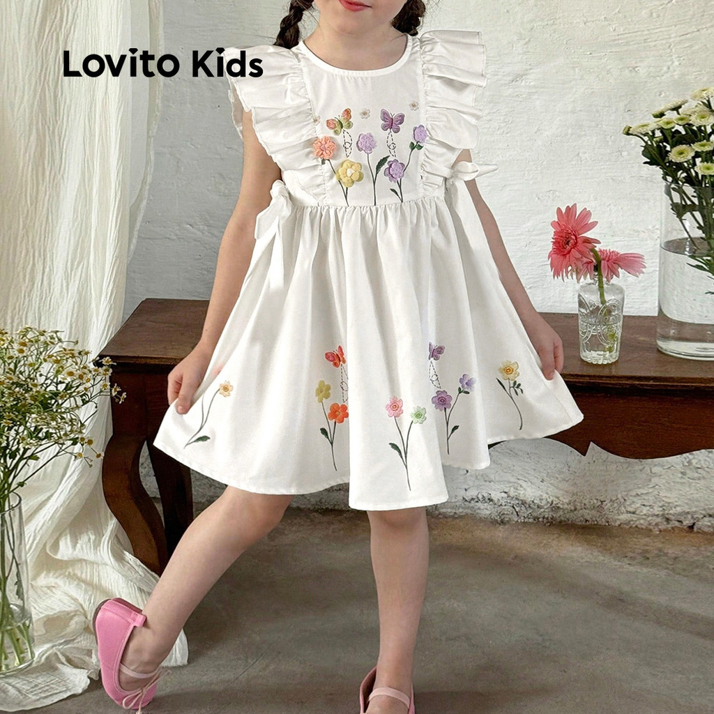 Detalhes do Lovito Kids Vestido Fofo com Babados para Primavera/verão Vestido Branco para menina L162LD201