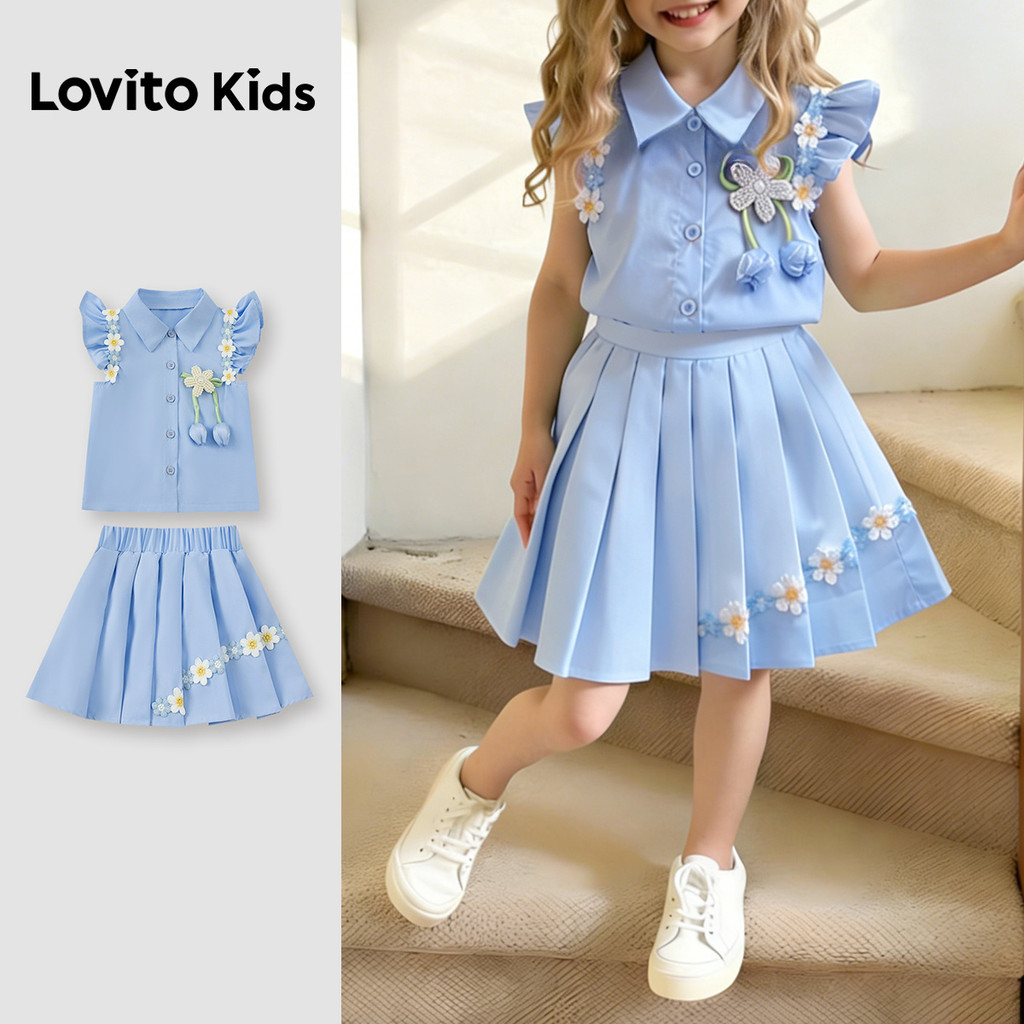 Lovito Kids  Conjuntos de Saias Fofas com Babados Pregas e Apliques para Primavera/verão em Azul para Meninas L174LD158 em Oferta na Shopee