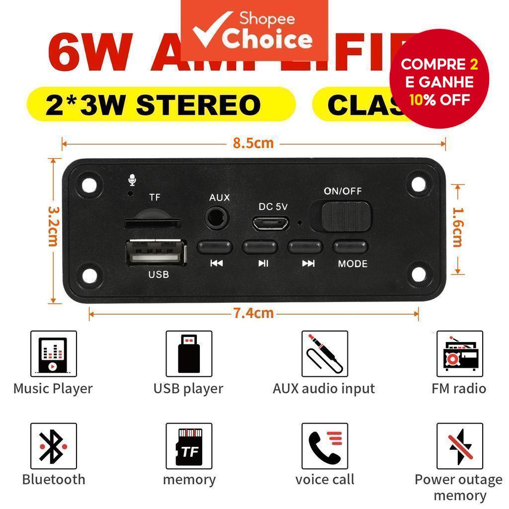 3.7-5V Bluetooth 5.0 MP3 Board Amplificador De 6 W Com USB TF FM E Conector De 3.5 Mm Para Módulo De Alto-Falante De Car
