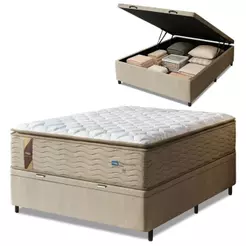 Cama Box Baú Colchão Casal Probel Molas Guarda Costas Max Pillow Top 138x188x81cm Branco / Bege