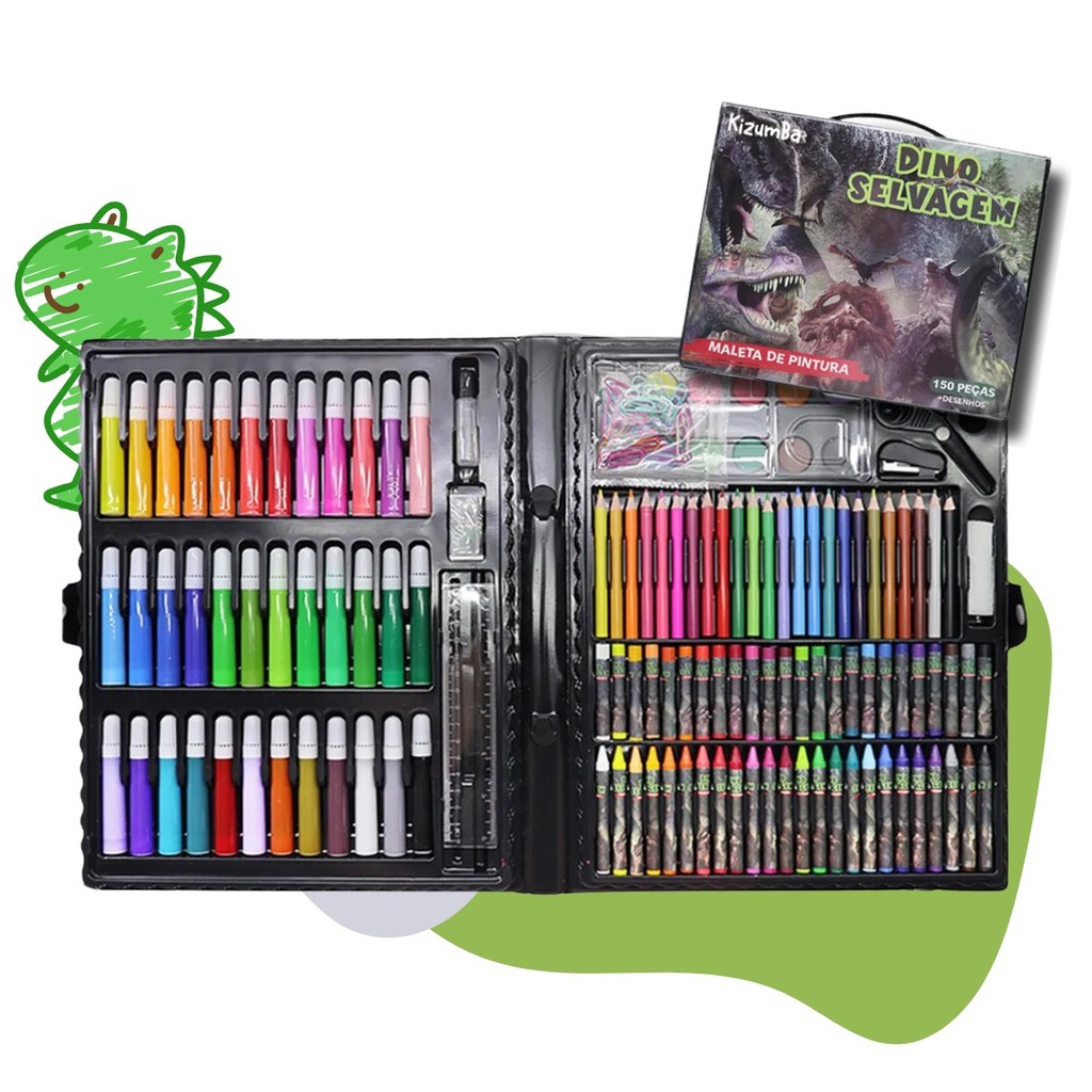 Estojo Maleta De Desenho E Pintura 150 Peças Dinossauro Com Canetinhas Lápis Giz Criança Kizumba em Oferta na Shopee