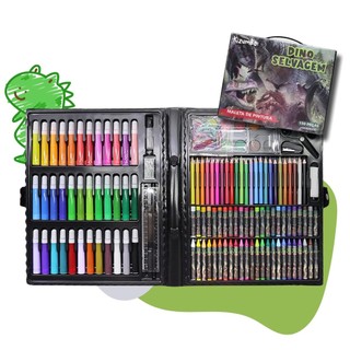 Estojo Maleta De Desenho E Pintura 150 Peças Dinossauro Com Canetinhas Lápis Giz Criança Kizumba