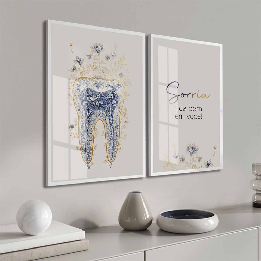 Kit 2 Quadros - Flores Odontologia Neutro Frases Moldura e Vidro Consultório Corredor Hall em Oferta na Shopee