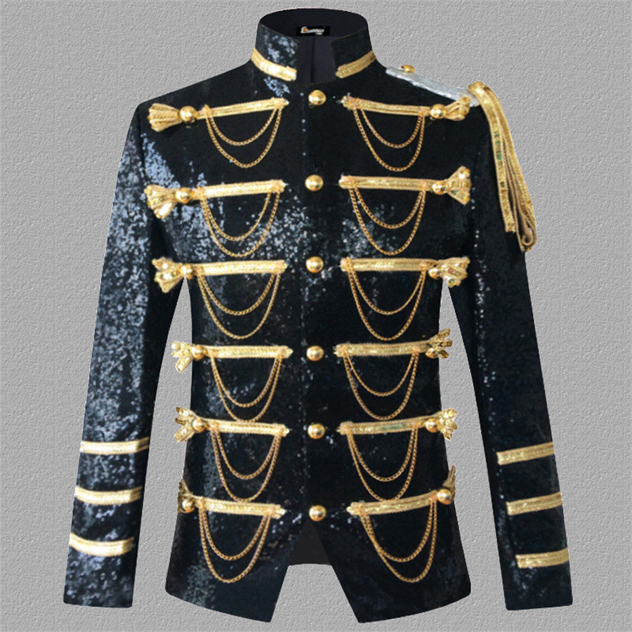 Luxo Banquete Vestido Casaco Masculino Lantejoulas Steampunk Gótico Terno Jaqueta Gola Corrente Design Palco Baile Super