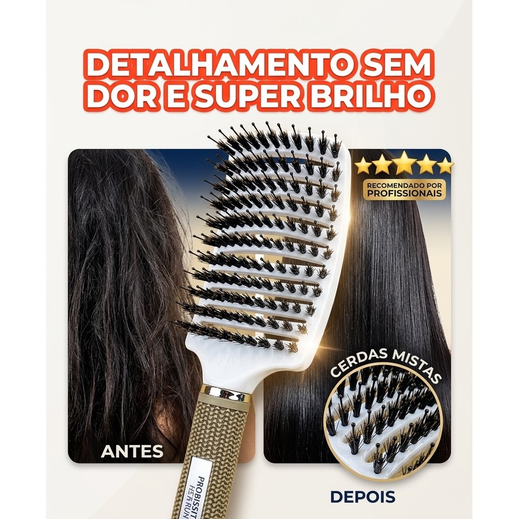 Escova Raquete Curva Vazada Desembaraçadora Cerdas Duplas Nylon e Javali