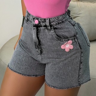 Short jeans feminino sem lycra com broche de crochê, grafite, 100%(não estica), cintura alta