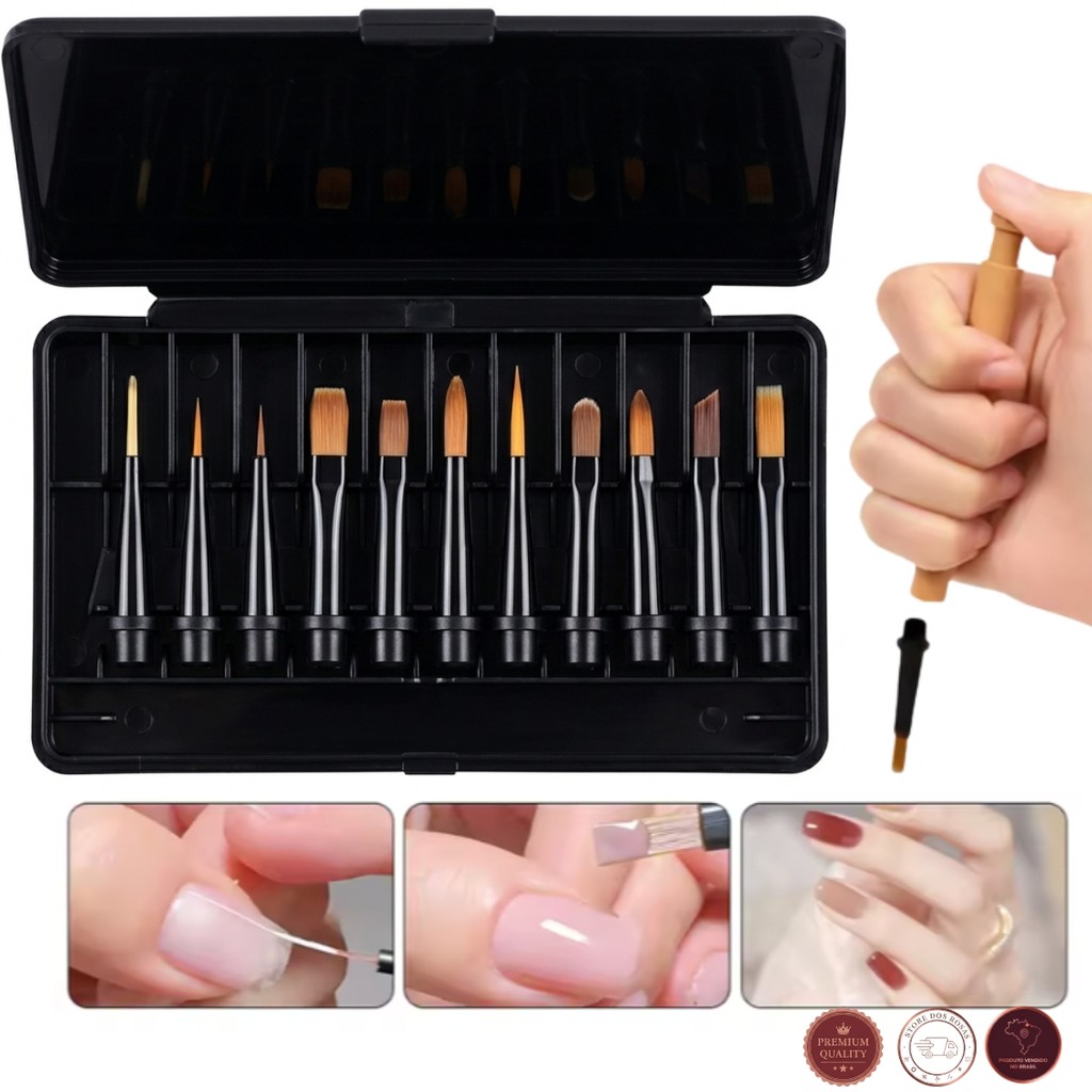 Kit Pincel Nail Art Gel UV 12 Pontas Profissional Unhas Decoradas Acrílico Desenho Manicure