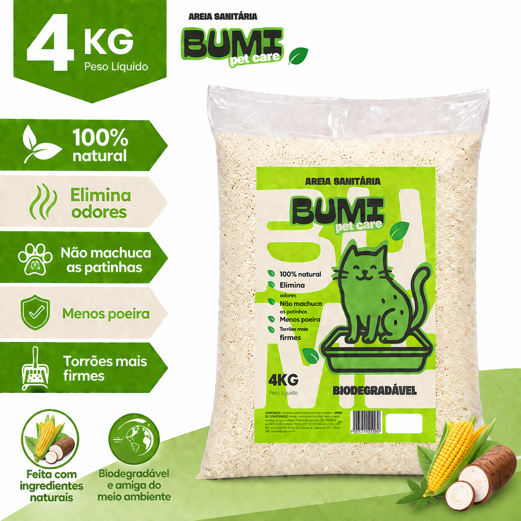Areia Higiênica  Biodegradável de Milho e Mandioca Grãos Grossos Bumi Pet 4 kg