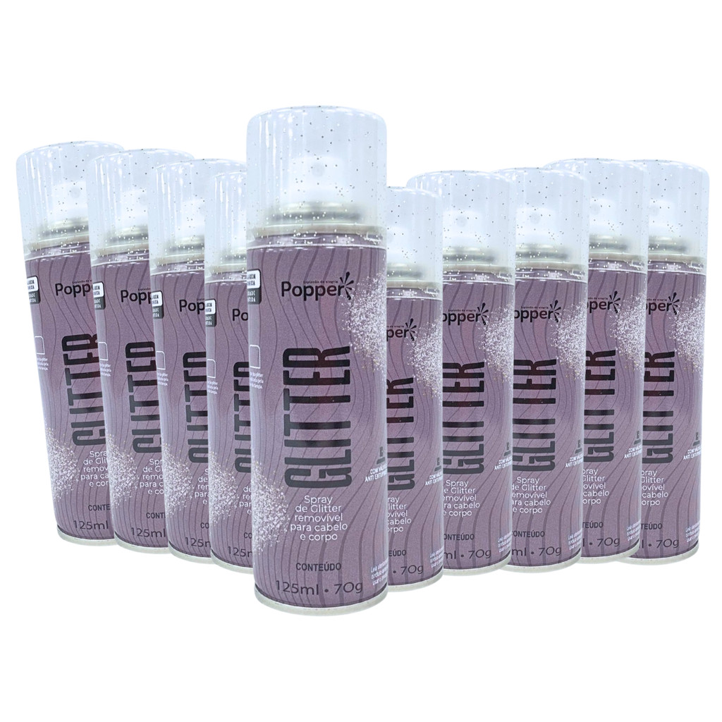 Kit 10 Spray De Glitter Prata 125ml Popper Cabelo Corpo Roupa Maquiagem Brilho Prateado Pequeno Bolsa Festas Carnaval