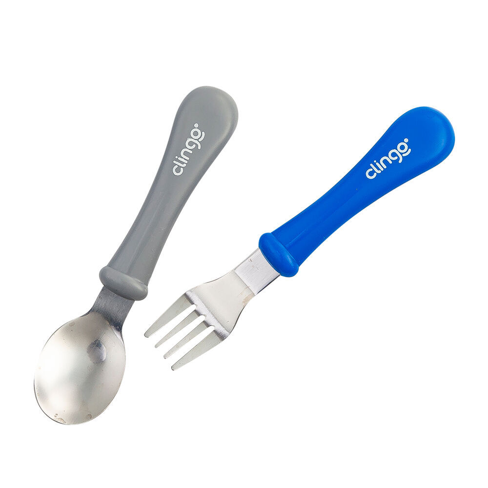 Colher e Garfo de Metal Colors Azul/Cinza Para Bebê