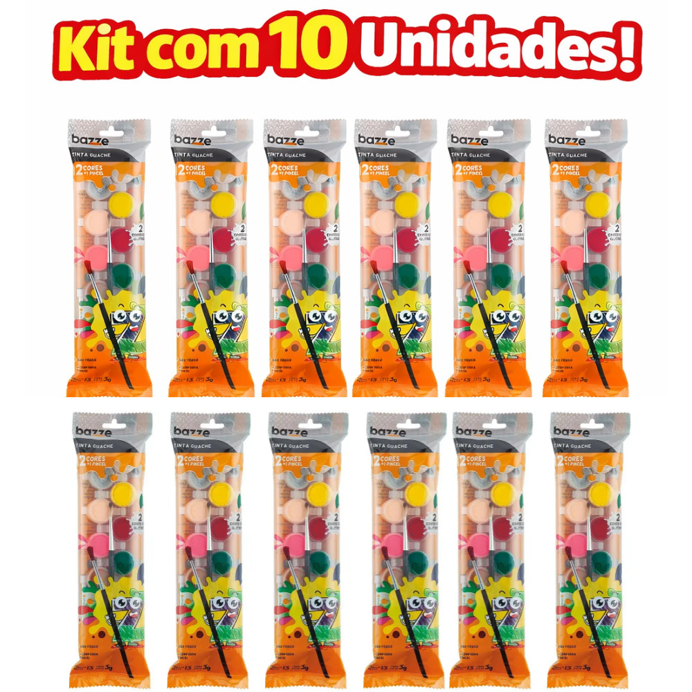Kit Tinta Guache 12 Cores + Pincel | 1,2,4,6,8,10 Unidades | Material Escolar -  Bazze