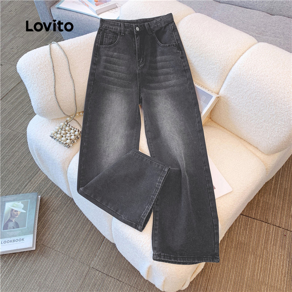Lovito Jeans Casuais com Fecho e Botão para Outono/inverno Jeans Preto feminino LNL141464