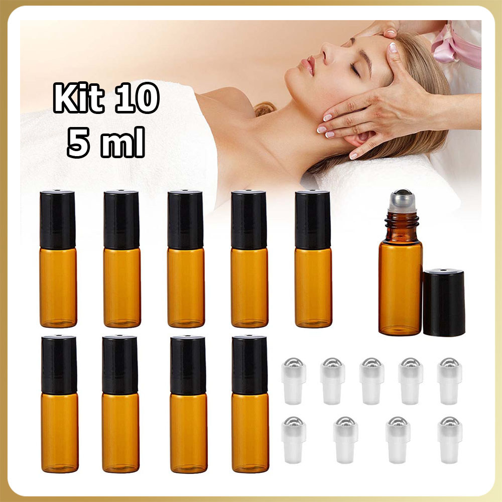 Kit 10 5ml Frasco de amostra vidro transparente frasco roll-on para óleo essencial tampa plástico preta frasco perfume