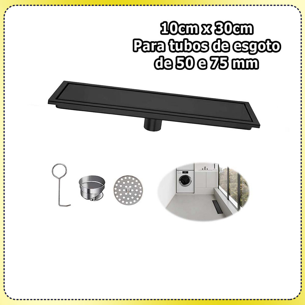 10x30cm Ralo linear para chuveiro ralo retangular de aço inoxidável ralo embutido com tela filtrante Preto