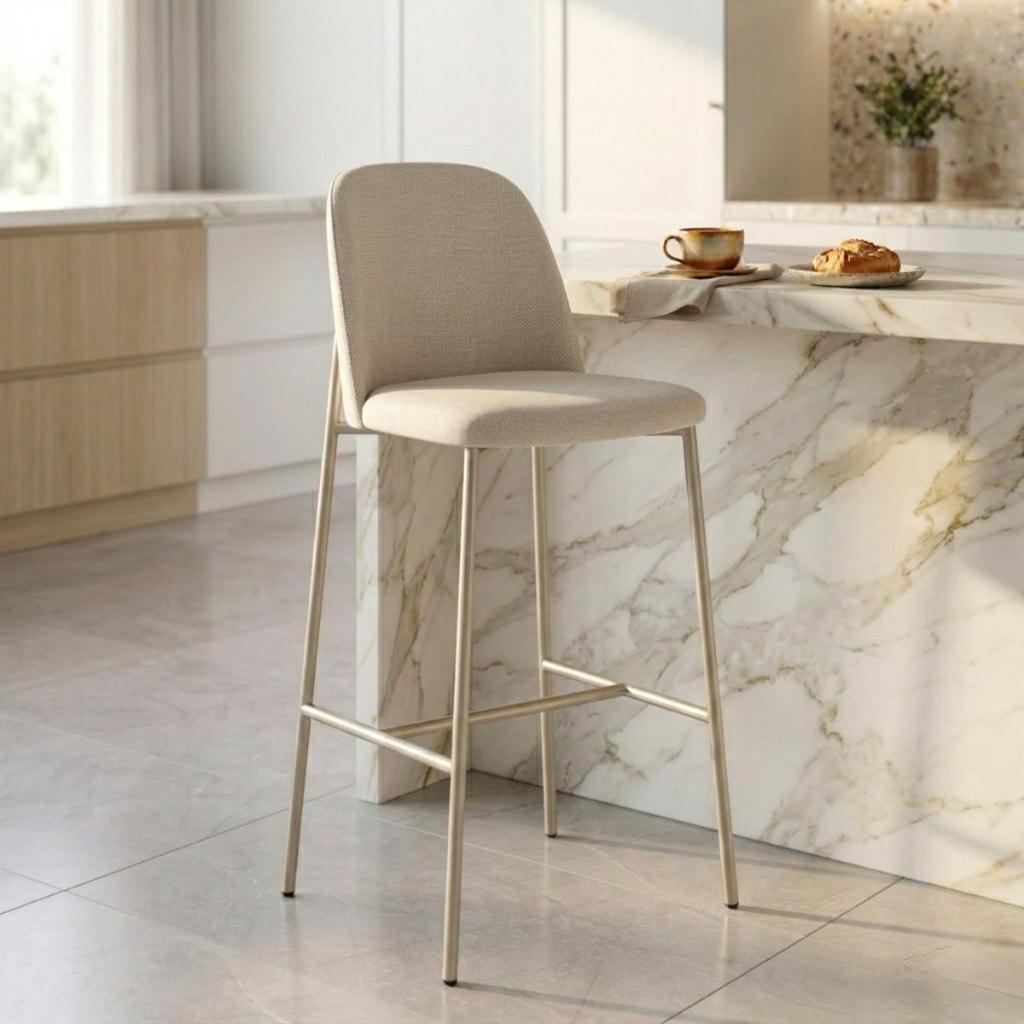 Banqueta Alta de Aço Estofada Lucille Champanhe Linho Mescla Cru